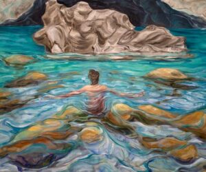 Il bagno delle dee, olio su tela, trittico, 100 x 280 cm, 2020
