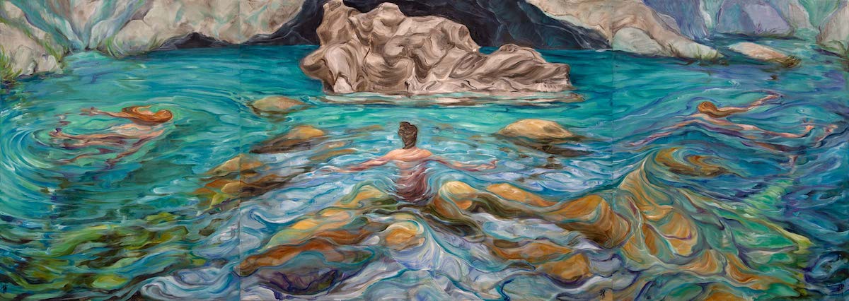 Il bagno delle dee, olio su tela, trittico, 100 x 280 cm, 2020