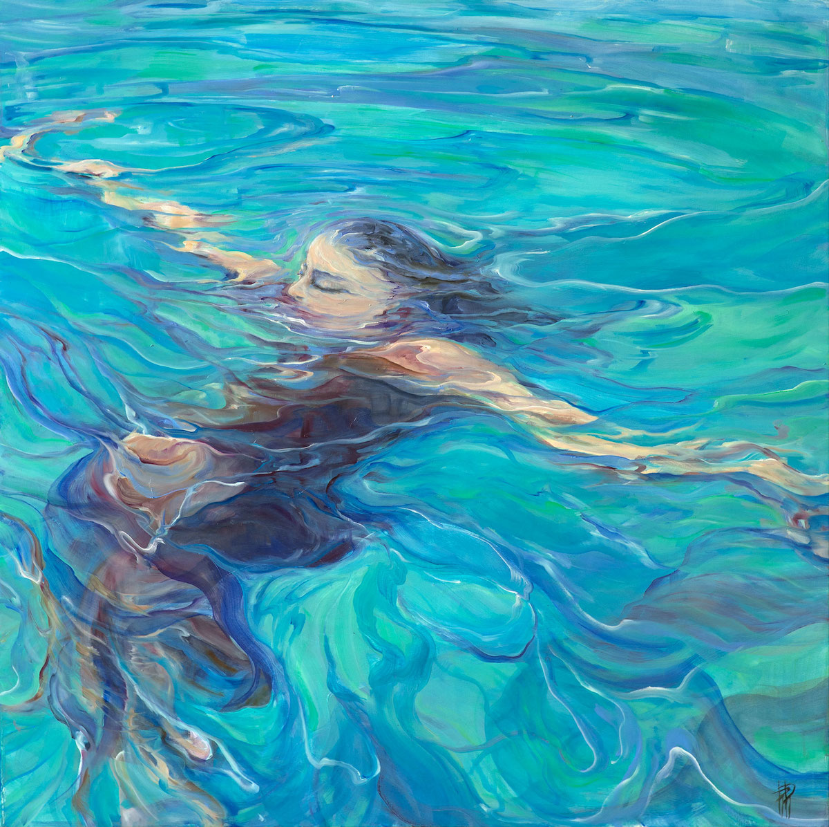 la funambule aquatique, olio su tela , 100 x 100 cm , 2019